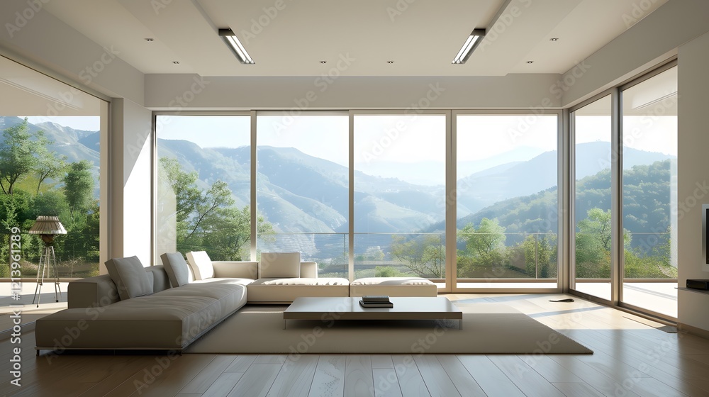 Fototapeta premium Modern living room with large windows and minimalist decor