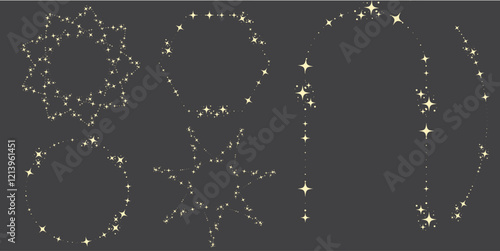 Magic star arch. Stars arch, star compositions graphic art. Shiny elements, starry and dots silhouettes. Comets and abstract constellations, retro celestial vector set