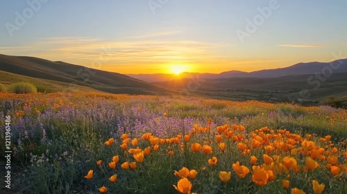 Golden Poppies Bloom at Sunset Over Rolling Hills