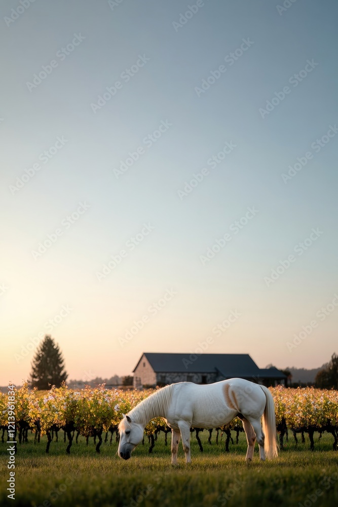 Fototapeta premium Serene landscape features white horse grazing near vineyard and