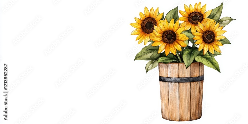 Obraz premium Rustic Summer Still Life: Vibrant Sunflowers in Wooden Bucket