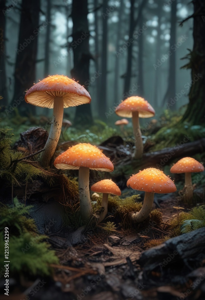 eerie glowing mushrooms in a dimly lit forest clearing , moss, radiant eerie glowing mushrooms in a dimly lit forest clearing , moss, radiant