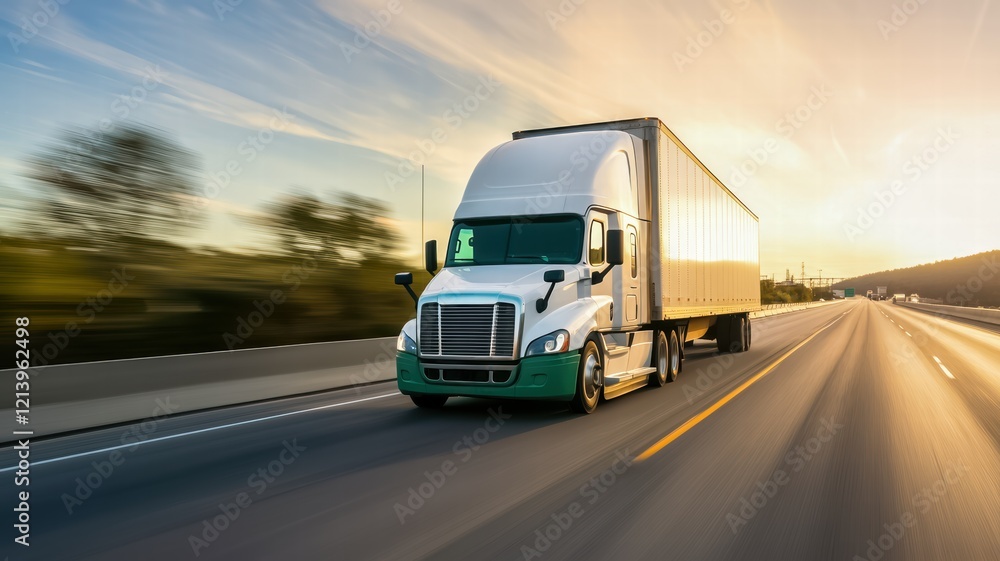 A sleek truck drives along a highway at sunset, capturing the essence of transportation and travel. A sleek truck drives along a highway at sunset, capturing the essence of transportation and travel.