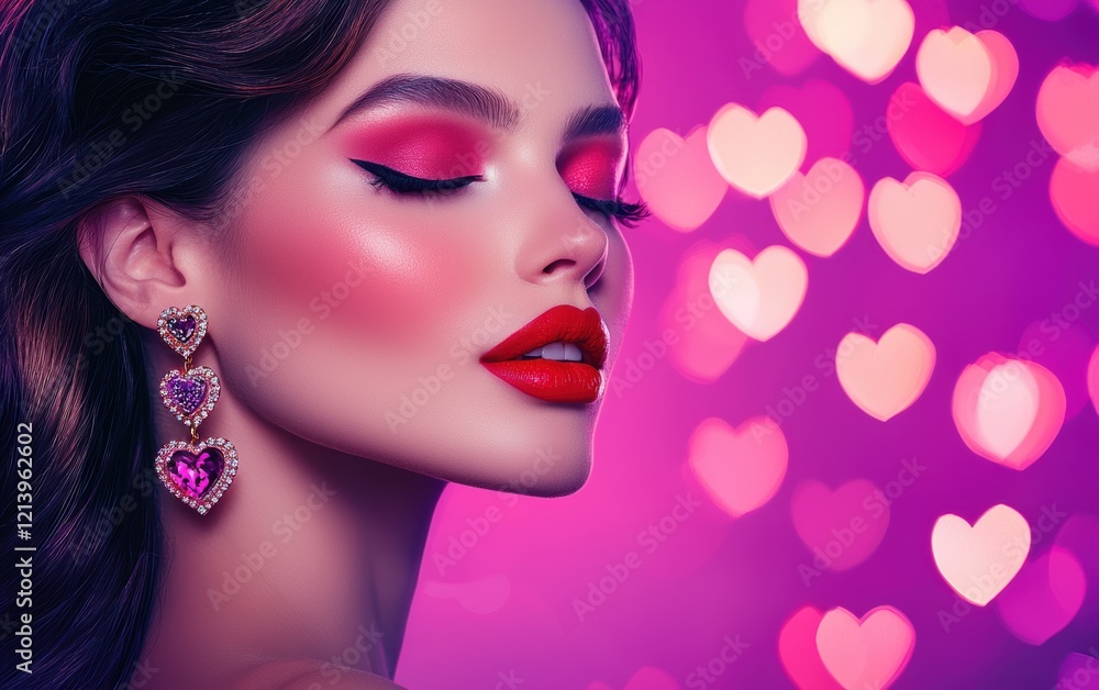 A glamorous woman with bold red lipstick and sparkling earrings, set on a vibrant purple-pink gradient background with heart shapes for Saint Valentines Day and International Womens Day A glamorous woman with bold red lipstick and sparkling earrings, set on a vibrant purple-pink gradient background with heart shapes for Saint Valentines Day and International Womens Day