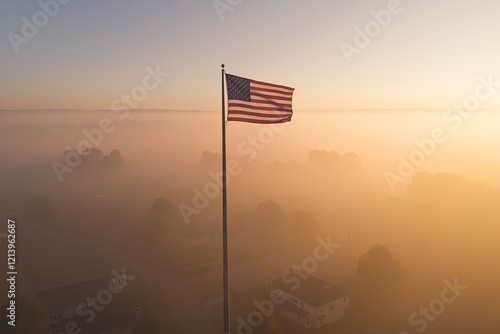 Waving flag stands tall in misty morning light, symbolizing unit photo