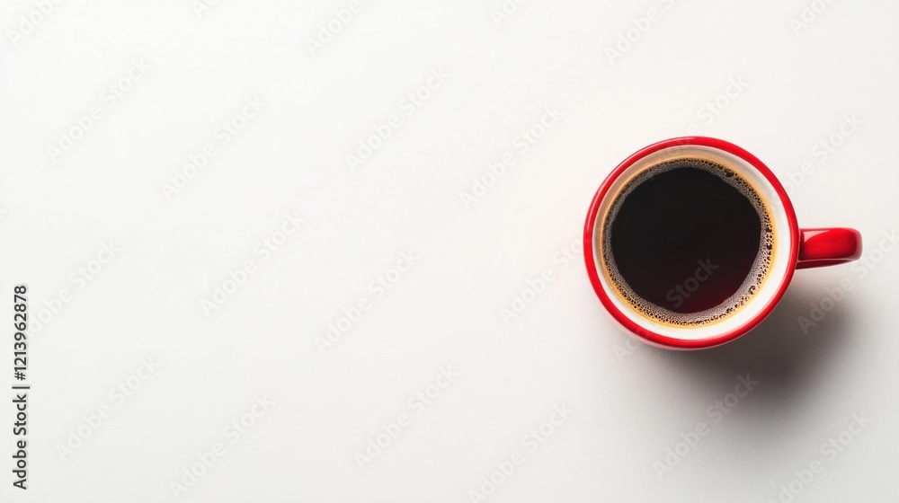 Red mug, black coffee, white desk, copy space, breakfast Red mug, black coffee, white desk, copy space, breakfast