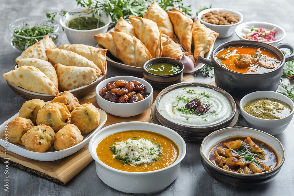 A Beautiful Spread of Traditional Ramadan Iftar with Delicious Dishes A Beautiful Spread of Traditional Ramadan Iftar with Delicious Dishes