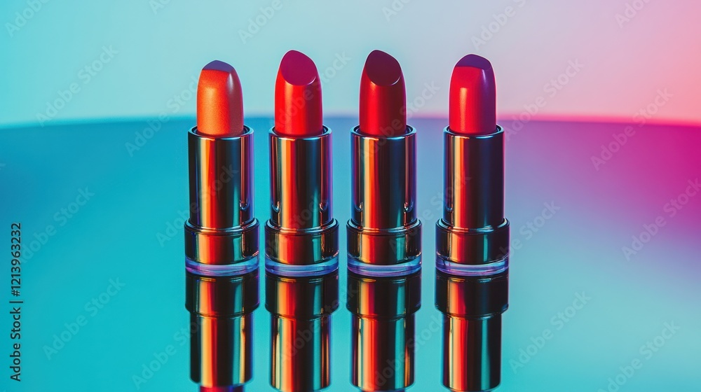 Obraz premium Four lipsticks, neon background, reflection, beauty