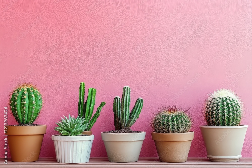 Colorful Cacti Arrangement in Terracotta Pots Against Pink Background Colorful Cacti Arrangement in Terracotta Pots Against Pink Background