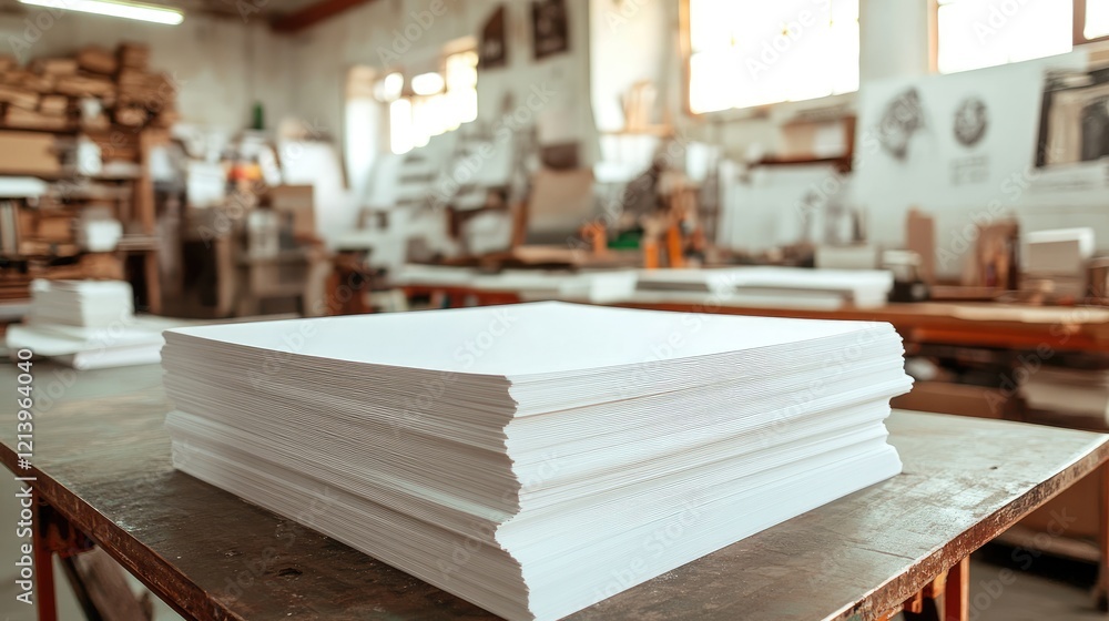 A stack of high-quality printing paper neatly organized on a table in a printing workshop, soft lighting illuminating the edges A stack of high-quality printing paper neatly organized on a table in a printing workshop, soft lighting illuminating the edges