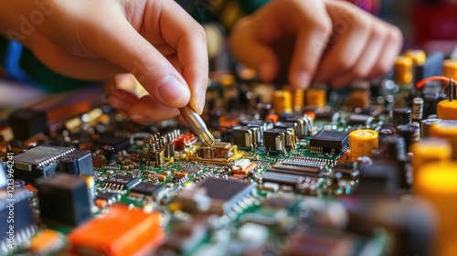 A technician inspecting a batch of freshly assembled electronics devices, ensuring the quality of production at a manufacturing plant