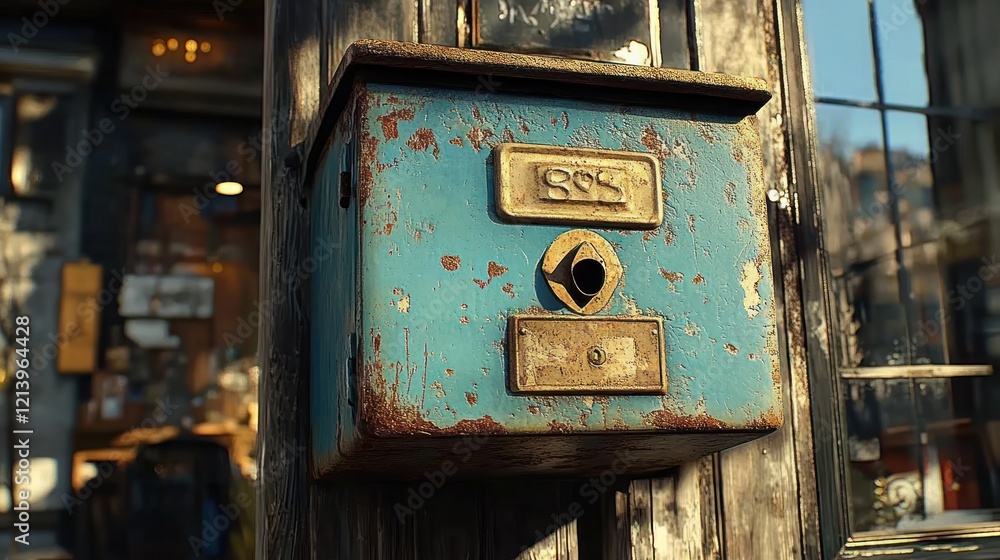 Rustic mailbox, weathered wood, urban alley, sunlight Rustic mailbox, weathered wood, urban alley, sunlight