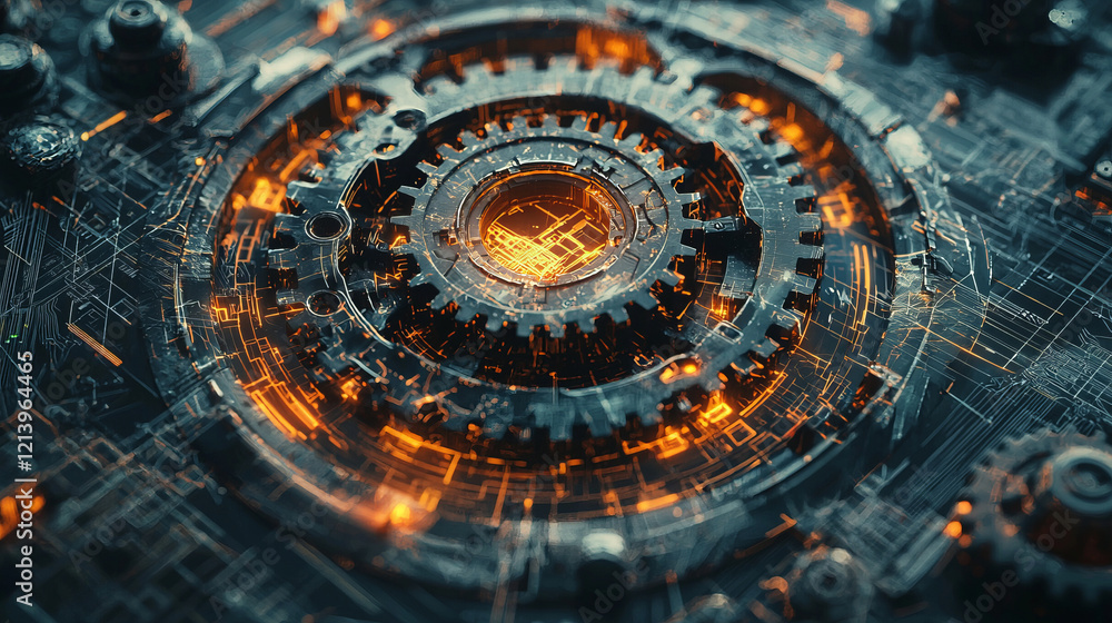 Fototapeta premium Glowing metallic gears and circuits.