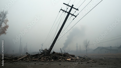 Tilted power pole amidst debris, shrouded in fog, evokes destruc photo