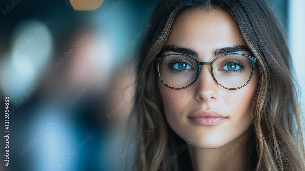 Portrait of a young woman with long brown hair and blue eyes wearing glasses. Her expression is calm and confident Portrait of a young woman with long brown hair and blue eyes wearing glasses. Her expression is calm and confident