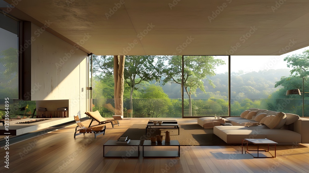 Fototapeta premium Modern living room with large windows and minimalist decor