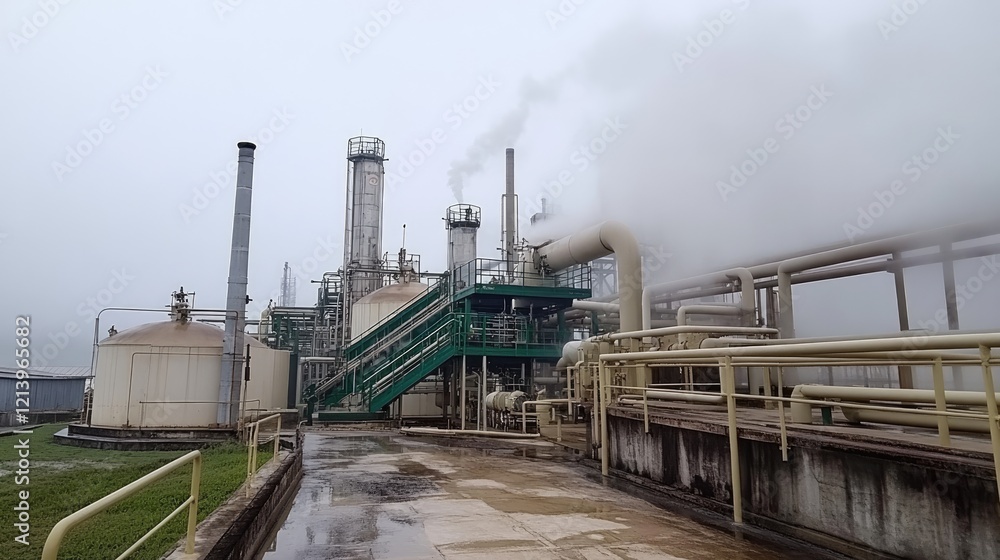 Obraz premium Chemical processing plant with tanks and pipes, mist filling the environment in a foggy atmosphere