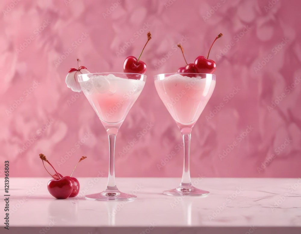 Fancy white cocktail with cherry on pink pastel backdrop, sophisticated, special occasion Fancy white cocktail with cherry on pink pastel backdrop, sophisticated, special occasion