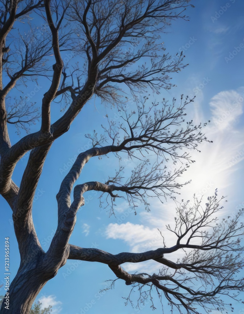 Fototapeta premium Feathered branches on a tree against a serene sapphire blue sky, gray, branches, feathered