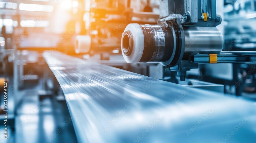 Close-up of a plastic extrusion machine producing long plastic sheets in an industrial setting. Close-up of a plastic extrusion machine producing long plastic sheets in an industrial setting.