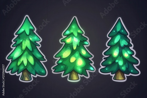 Whimsical Cartoon Pine Trees with Lush Greenery and Vibrant Glow Ideal for Holiday Designs, Illustrations, and Festive Backgrounds for All Seasons