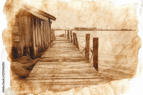 Weathered Wooden Pier Leading to Serene Waters with Vintage Filter, Evoking Nostalgia and Tranquility at an Abandoned Coastal Location in a Sepia Tone