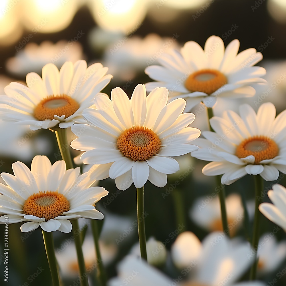 Naklejka premium Sunlit Daisies: A Field of Delicate White Blooms in Warm Golden Light