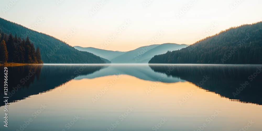 Fototapeta premium Serene Lake Reflection at Dawn Mountainous Landscape with Golden Light and Mist.