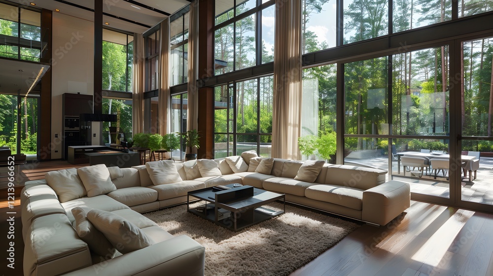 Fototapeta premium Stylish living room with contemporary furniture and large windows