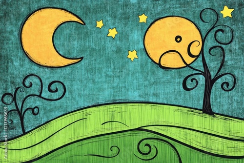 Whimsical Landscape with Moon, Sun, Stars and Curvy Trees in Vibrant Colors Ideal for Children's Art, Backgrounds, and Creative Projects