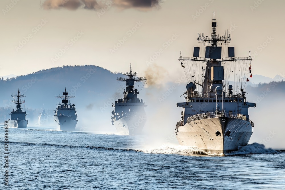 Fototapeta premium Majestic Naval Fleet Sailing Through Misty Waters at Dawn