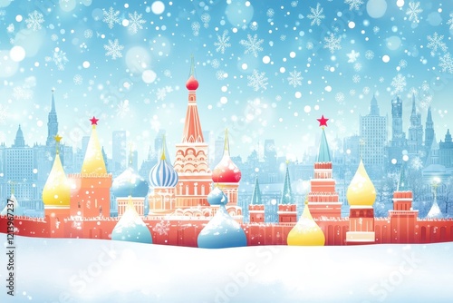 Winter Wonderland Scene Featuring Colorful Towers and Snowflakes Against a Soft Blue Background Evoking the Holiday Spirit, Cheer, and Festivities
