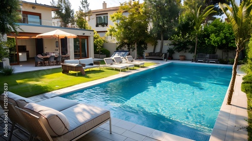 Backyard with a swimming pool and stylish patio furniture