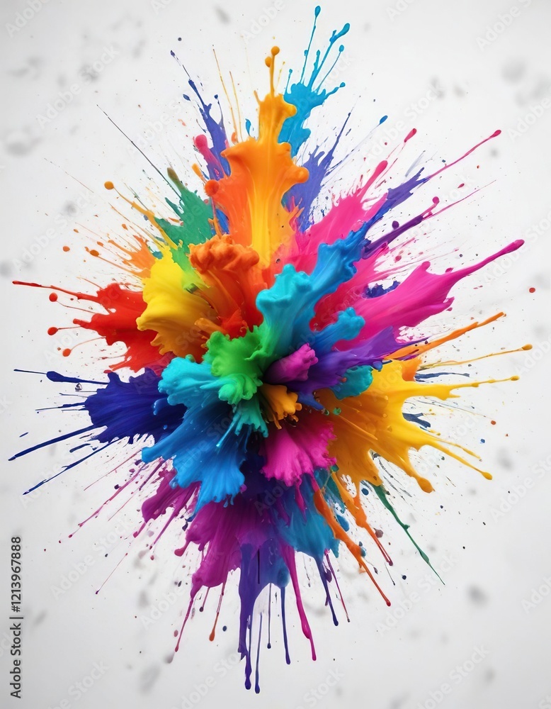 Bright rainbow-colored ink splatter on white background, design, abstract Bright rainbow-colored ink splatter on white background, design, abstract