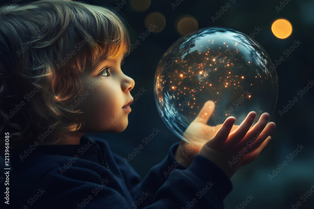 Naklejka premium Toddler looking with admiration at a crystal ball containing a bright universe, symbolizing infinite potential and the power of imagination