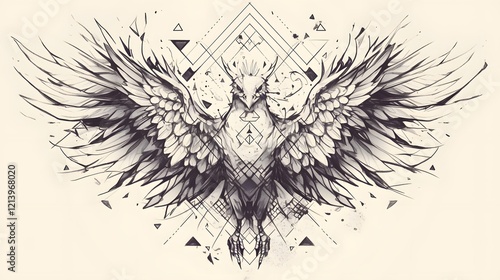 Phoenix bird tattoo sketch in black ink with geometric details