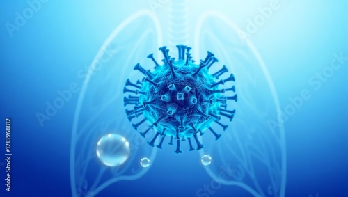 Abstract glowing lung interface with virus outline on dark background. Medicine, pandemic and healthcare concept. 3D Rendering. photo