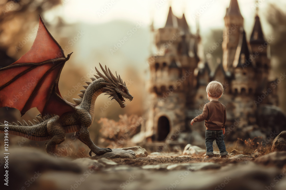 Fototapeta premium Child walking towards a castle guarded by a dragon in a magical kingdom, creating a fantasy scene