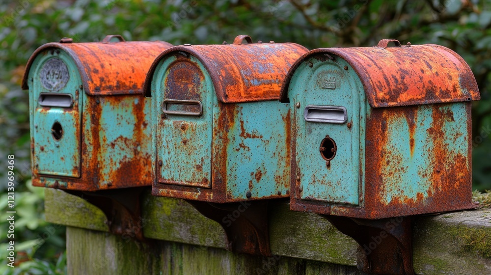 Rustic rusty mailboxes, fence, garden, autumn Rustic rusty mailboxes, fence, garden, autumn