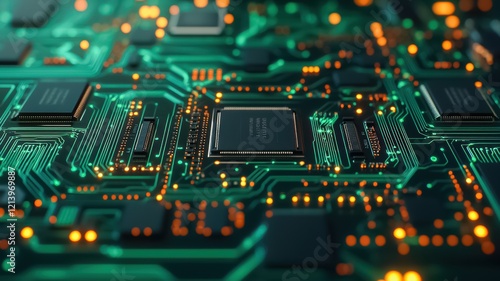 A close-up view of a circuit board featuring intricate pathways, microchips, and glowing lights, showcasing advanced technology and electronic components.