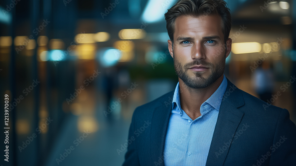 Fototapeta premium a sophisticated businessman with a confident gaze, standing in a modern office environment. His sharp attire and serious expression exude professionalism and leadership.