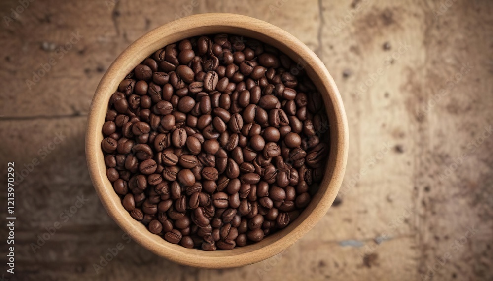 Fototapeta premium Top view of a rustic wooden cup filled with coffee beans, table, cup