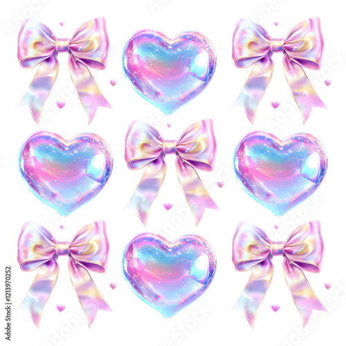 A stunning Valentine's Day holographic clipart set featuring shiny hearts and bows in pastel colors. Perfect for romantic cards, festive decorations, and creative digital designs.
