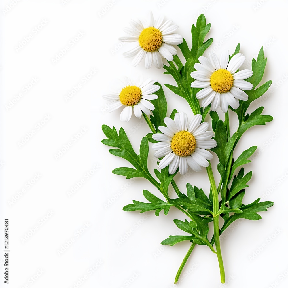 Obraz premium Delicate White Daisies with Yellow Centers on White Background: A Close-up Floral Image