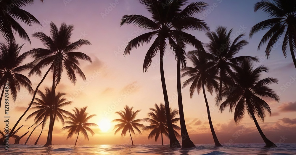 Vibrant tropical wave pattern with palm tree silhouettes, foliage, beachy, tropical Vibrant tropical wave pattern with palm tree silhouettes, foliage, beachy, tropical