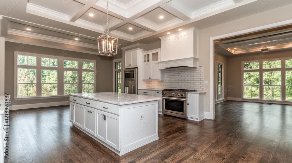 Fototapeta premium Modern White Kitchen Island With Hardwood Floors And Large Windows
