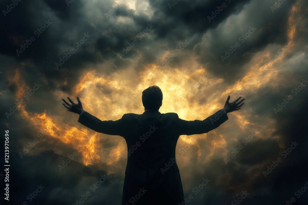 Businessman with open arms, conjuring a powerful storm and vibrant fire against a backdrop of swirling clouds in the sky Businessman with open arms, conjuring a powerful storm and vibrant fire against a backdrop of swirling clouds in the sky