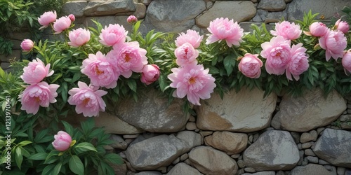 Fototapeta Naklejka Na Ścianę i Meble -  Watercolor peonies on a stone wall surrounded by foliage, watercolor, bohemian decor, serene atmosphere