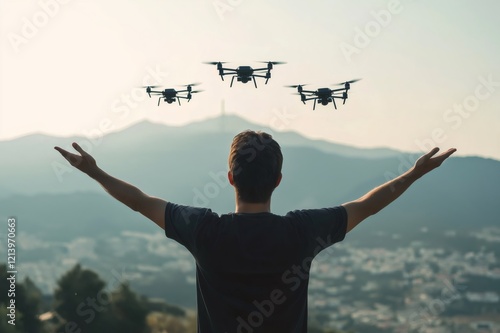 Drone operator controlling a swarm of drones using hand gestures, showcasing innovative technology in a beautiful natural setting photo