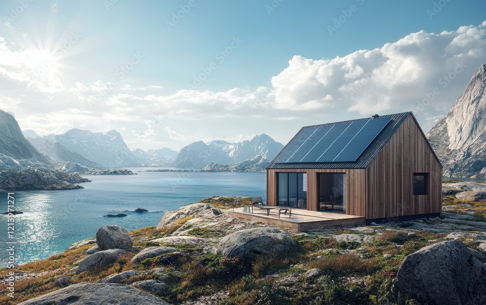 A sustainable Scandinavian home with sleek solar panels, set in the mountains under the bright sun, with the blue ocean stretching to the horizon A sustainable Scandinavian home with sleek solar panels, set in the mountains under the bright sun, with the blue ocean stretching to the horizon